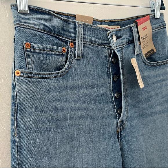 Levi's Ribcage Distressed Straight Ankle Jeans Super High Rise Denim Size 26 NWT - Picture 3 of 14